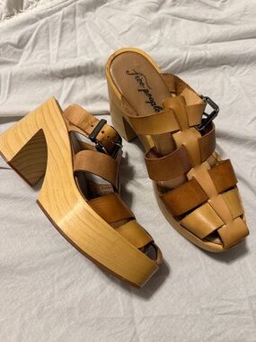 Free People Honey Tan Leather Platform Wood Mules